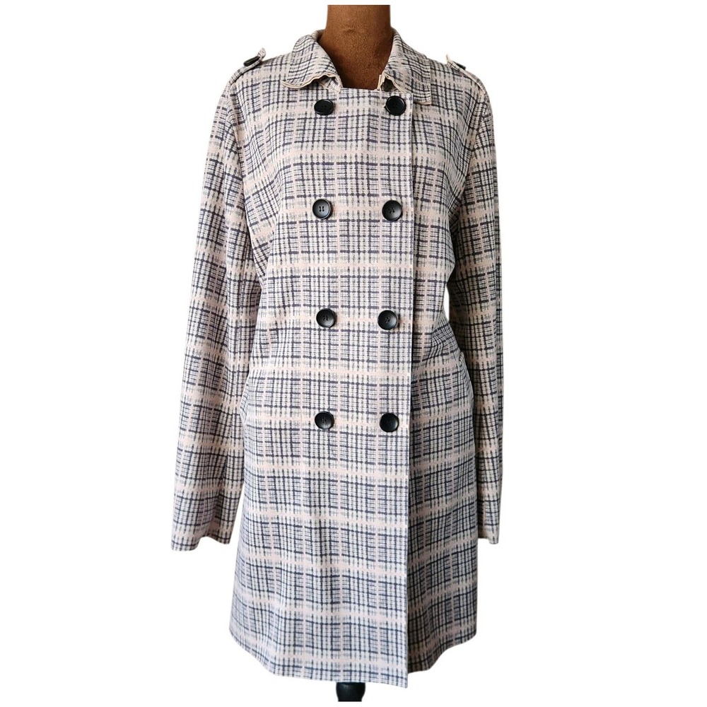 Anthropologie Solitaire Trench Coat Size XL Pink Gray Plaid Soft Pockets Women's